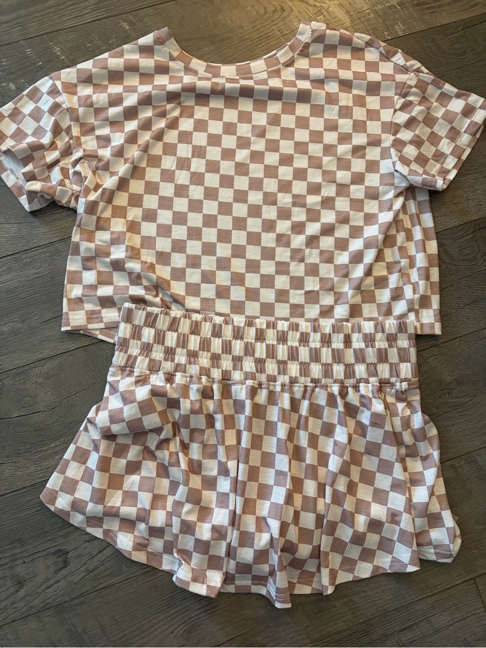 Checker Two-Piece Skort Set in White and Light Brown- Boutique